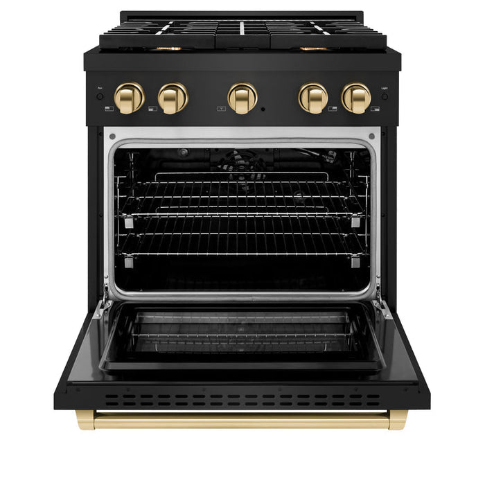 ZLINE Autograph Package - 30 In. Gas Range, Range Hood, Refrigerator with Water and Ice Dispenser, and Dishwasher in Black Stainless Steel with Gold Accents, 4AKPR-RGBRHDWV30-G