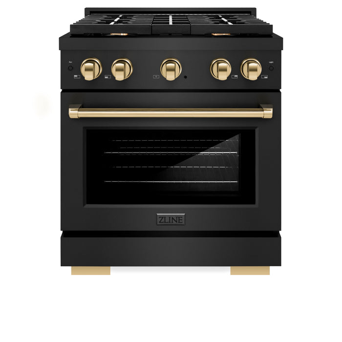 ZLINE Autograph 30" 4.2 cu. ft. Paramount Gas Range with Convection Gas Oven in Black Stainless Steel and Gold Accents, SGRBZ-30-G