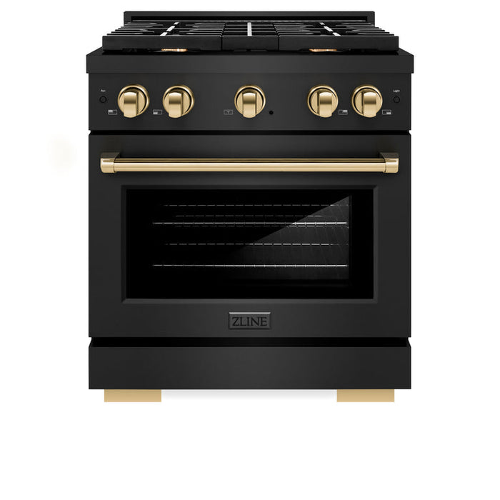 ZLINE Autograph Package - 30 In. Gas Range, Range Hood, Dishwasher in Black Stainless Steel with Gold Accent, 3AKP-RGBRHDWV30-G