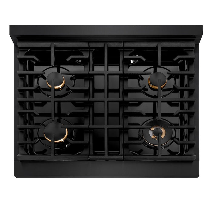 ZLINE Autograph Edition 30 in. 4.2 cu. ft. Paramount Gas Range with 4 Burner Cooktop and Convection Gas Oven in Black Stainless Steel and Polished Gold Accents (SGRBZ-30-G)