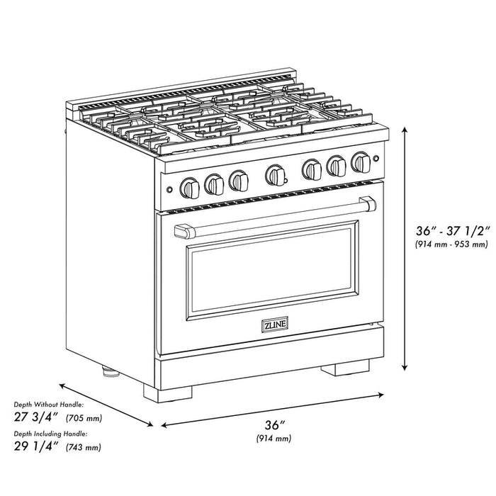 ZLINE Autograph Package - 36 Inch Gas Range, Range Hood, Dishwasher, Refrigerator in Black with Champagne Bronze Accents, 4AKPR-RGBRHDWV36-CB