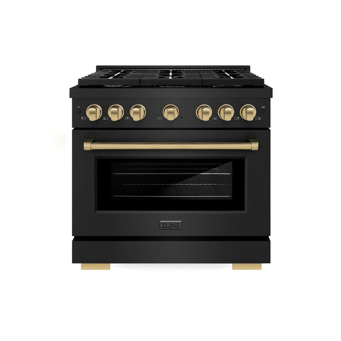 ZLINE Autograph Package - 36 Inch Gas Range, Range Hood, Dishwasher, Refrigerator in Black with Champagne Bronze Accents, 4AKPR-RGBRHDWV36-CB