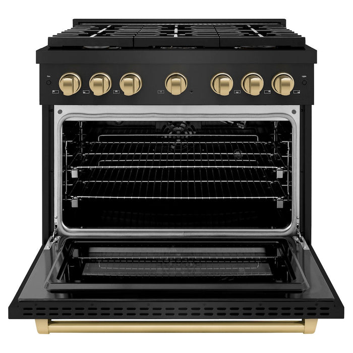 ZLINE Autograph Edition 36 in. 5.2 cu. ft. Paramount Gas Range with 6 Burner Cooktop and Convection Gas Oven in Black Stainless Steel and Champagne Bronze Accents (SGRBZ-36-CB)