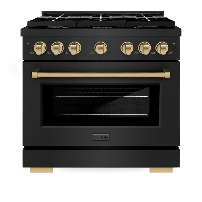 ZLINE Autograph Edition 36 in. 5.2 cu. ft. Paramount Gas Range with 6 Burner Cooktop and Convection Gas Oven in Black Stainless Steel and Champagne Bronze Accents (SGRBZ-36-CB)