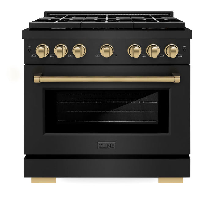 ZLINE Autograph Package - 36" Gas Range, Range Hood, Dishwasher, Refrigerator with Water & Ice Dispenser with Bronze Accents