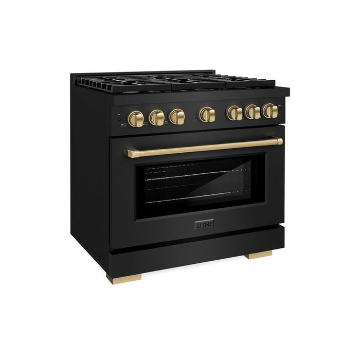 ZLINE Autograph Package - 36 Inch Gas Range, Range Hood, Dishwasher, Refrigerator in Black with Champagne Bronze Accents, 4AKPR-RGBRHDWV36-CB