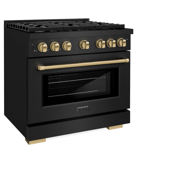 ZLINE Autograph Package - 36" Gas Range, Range Hood, Dishwasher, Refrigerator with Water & Ice Dispenser with Bronze Accents