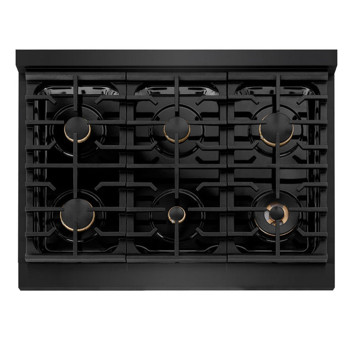 ZLINE Autograph Package - 36 In. Gas Range, Range Hood in Black Stainless Steel with Champagne Bronze Accents, 2AKP-RGBRH36-CB