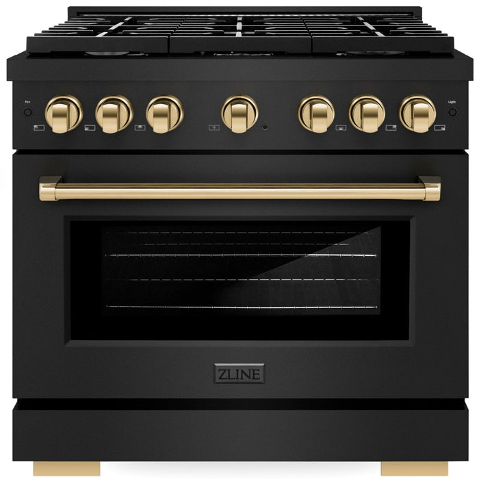 ZLINE Autograph 36" 5.2 cu. ft. Paramount Gas Range with Convection Gas Oven in Black Stainless Steel and Gold Accents, SGRBZ-36-G