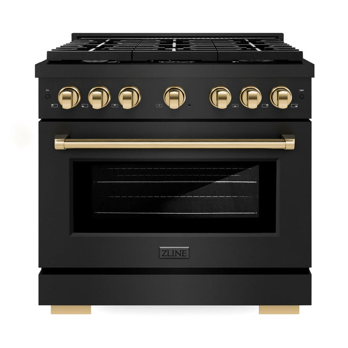 ZLINE Autograph Package - 36 In. Gas Range, Range Hood, Refrigerator, and Dishwasher in Black Stainless Steel with Gold Accents, 4AKPR-RGBRHDWV36-G