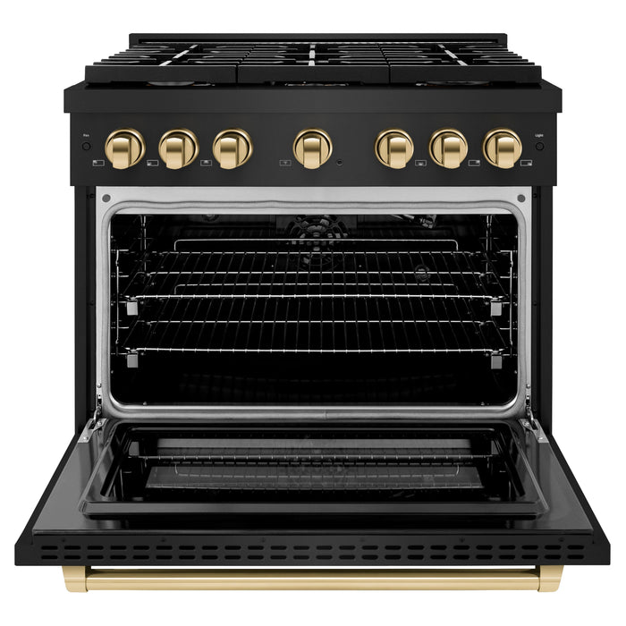 ZLINE Autograph 36" 5.2 cu. ft. Paramount Gas Range with Convection Gas Oven in Black Stainless Steel and Gold Accents, SGRBZ-36-G