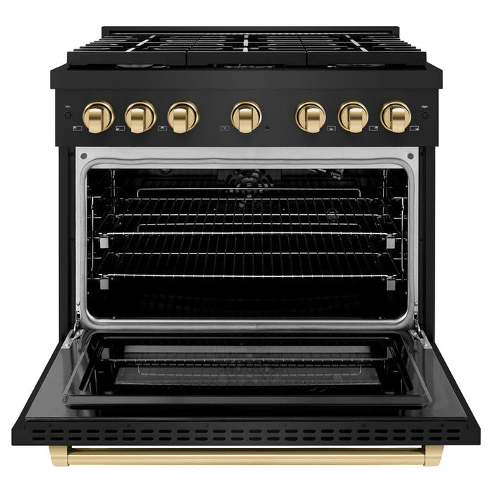 ZLINE Autograph Package - 36" Gas Range, Range Hood, Refrigerator with Water and Ice Dispenser, and Dishwasher in Black Stainless with Gold Accents