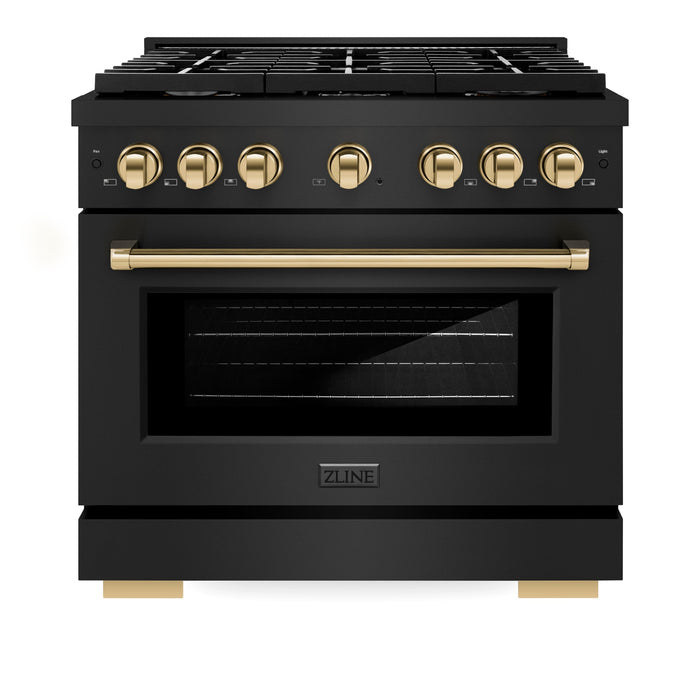 ZLINE Autograph 36" 5.2 cu. ft. Paramount Gas Range with Convection Gas Oven in Black Stainless Steel and Gold Accents, SGRBZ-36-G