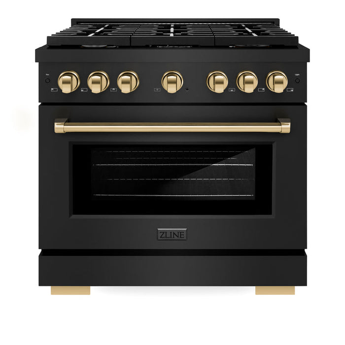 ZLINE Autograph Package - 36 In. Gas Range, Range Hood, Refrigerator, and Dishwasher in Black Stainless Steel with Gold Accents, 4AKPR-RGBRHDWV36-G