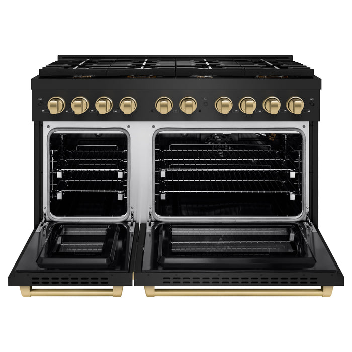 ZLINE Autograph 48" 6.7 cu. ft. Paramount Double Oven Gas Range in Black Stainless Steel and Bronze Accents, SGRBZ-48-CB