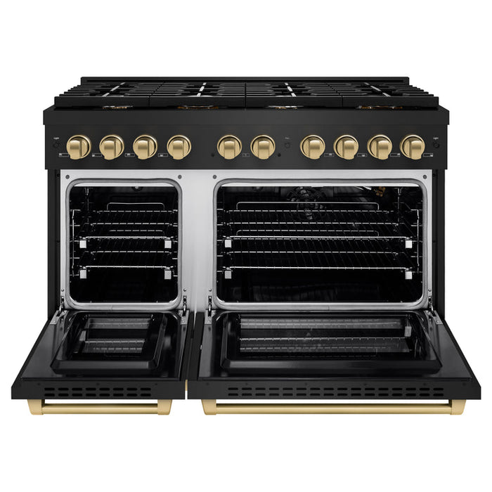 ZLINE Autograph Package - 48" Gas Range, Range Hood, Refrigerator, Dishwasher in Black Stainless Steel with Bronze Accents