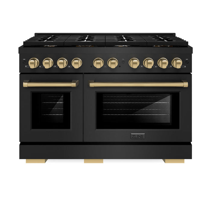 ZLINE Autograph Package - 48 In. Gas Range, Range Hood and Dishwasher in Black Stainless Steel with Champagne Bronze Accents, 3AKPR-RGBRHDWV48-CB