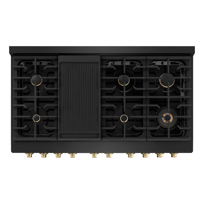 ZLINE Autograph Package - 48 In. Gas Range, Range Hood and Dishwasher in Black Stainless Steel with Champagne Bronze Accents, 3AKPR-RGBRHDWV48-CB