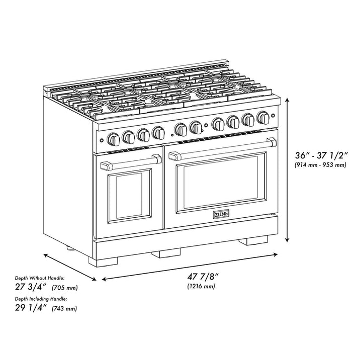 ZLINE Autograph Package - 48 In. Gas Range, Range Hood and Dishwasher in Black Stainless Steel with Gold Accents, 3AKPR-RGBRHDWV48-G