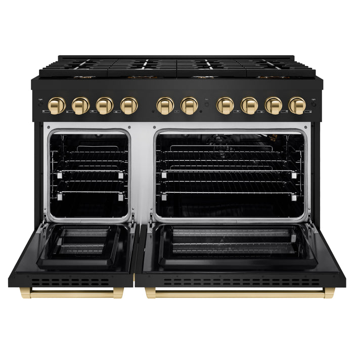 ZLINE Autograph 48" 6.7 cu. ft. Paramount Double Oven Gas Range in Black Stainless Steel and Gold Accents, SGRBZ-48-G