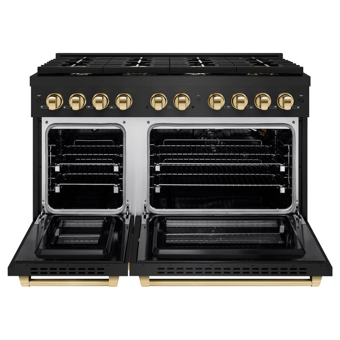 ZLINE Autograph Package - 48 In. Gas Range, Range Hood, Refrigerator, and Dishwasher in Black Stainless Steel with Gold Accents, 4AKPR-RGBRHDWV48-G