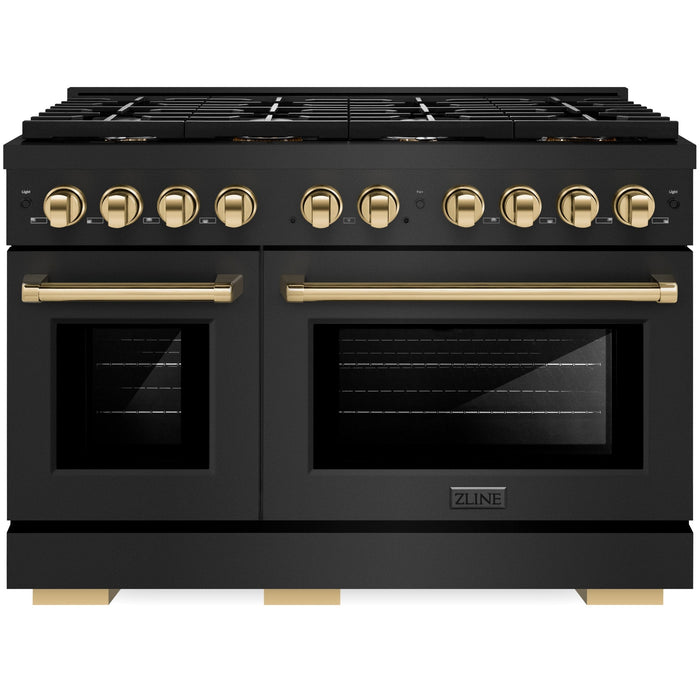 ZLINE Autograph 48" 6.7 cu. ft. Paramount Double Oven Gas Range in Black Stainless Steel and Gold Accents, SGRBZ-48-G