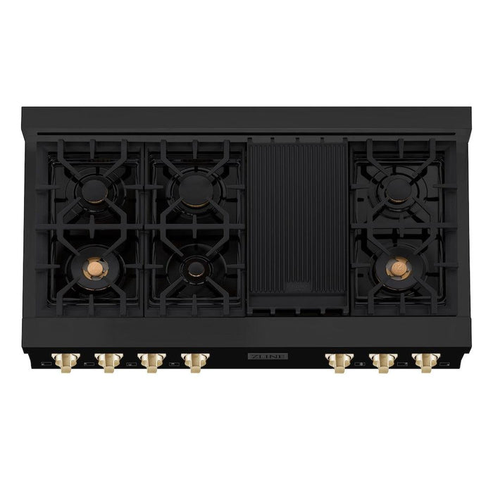 ZLINE Autograph Edition 48 in. Porcelain Rangetop with 7 Gas Burners in Black Stainless Steel and Polished Gold Accents (RTBZ-48-G)