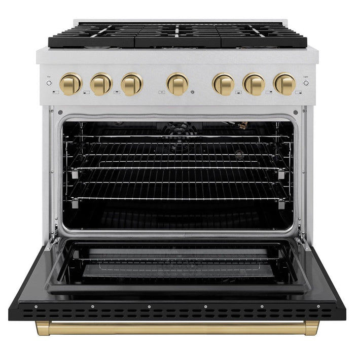 ZLINE Autograph 36" 5.2 cu. ft. Paramount Dual Fuel Range with 6 Burners in DuraSnow® with Black Matte Door and Champagne Bronze Accents, SDRSZ-BLM-36-CB