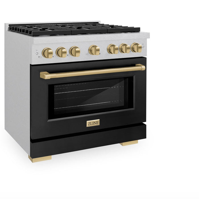 ZLINE Autograph 36" 5.2 cu. ft. Paramount Dual Fuel Range with 6 Burners in DuraSnow® with Black Matte Door and Champagne Bronze Accents, SDRSZ-BLM-36-CB