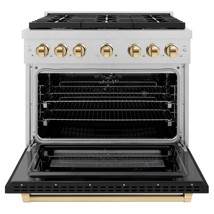 ZLINE Autograph Edition 36 in. 5.2 cu. ft. Paramount Dual Fuel Range with 6 Burner Gas Cooktop and Electric Convection Oven in DuraSnow® Stainless Steel with Black Matte Door and Polished Gold Accents (SDRSZ-BLM-36-G)