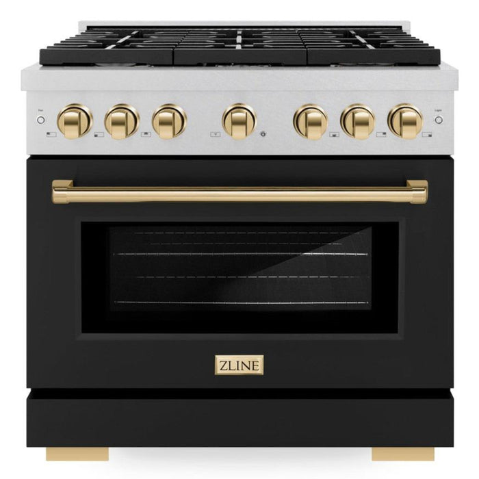 ZLINE Autograph 36" 5.2 cu. ft. Paramount Dual Fuel Range with 6 Burners in DuraSnow® with Black Matte Door and Polished Gold Accents, SDRSZ-BLM-36-G