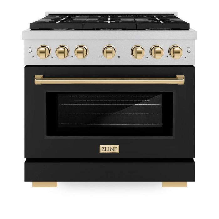 ZLINE Autograph Edition 36 in. 5.2 cu. ft. Paramount Dual Fuel Range with 6 Burner Gas Cooktop and Electric Convection Oven in DuraSnow® Stainless Steel with Black Matte Door and Polished Gold Accents (SDRSZ-BLM-36-G)