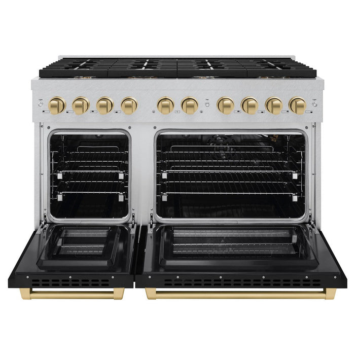 ZLINE Autograph 48" 6.7 cu. ft. Paramount Double Oven Dual Fuel Range with 8 Burners in DuraSnow® with Black Matte Doors and Champagne Bronze Accents, SDRSZ-BLM-48-CB