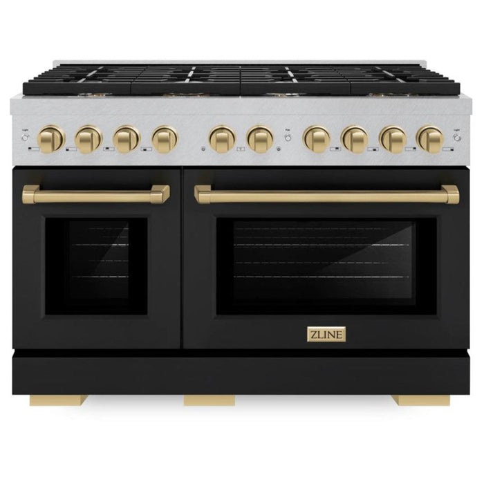 ZLINE Autograph 48" 6.7 cu. ft. Paramount Double Oven Dual Fuel Range with 8 Burners in DuraSnow® with Black Matte Doors and Champagne Bronze Accents, SDRSZ-BLM-48-CB