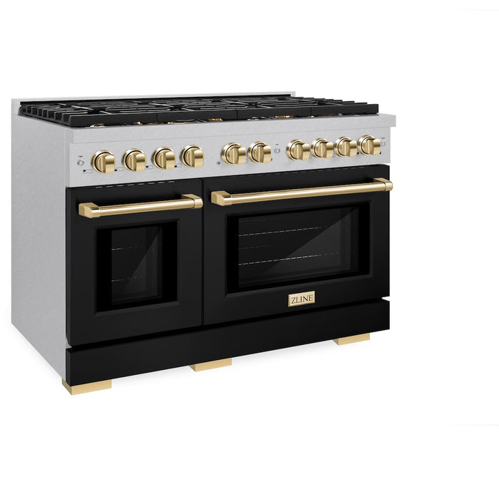 ZLINE Autograph Edition 48 in. 6.7 cu. ft. Paramount Double Oven Dual Fuel Range with 8 Burner Gas Cooktop in DuraSnow® Stainless Steel with Black Matte Door and Polished Gold Accents (SDRSZ-BLM-48-G)