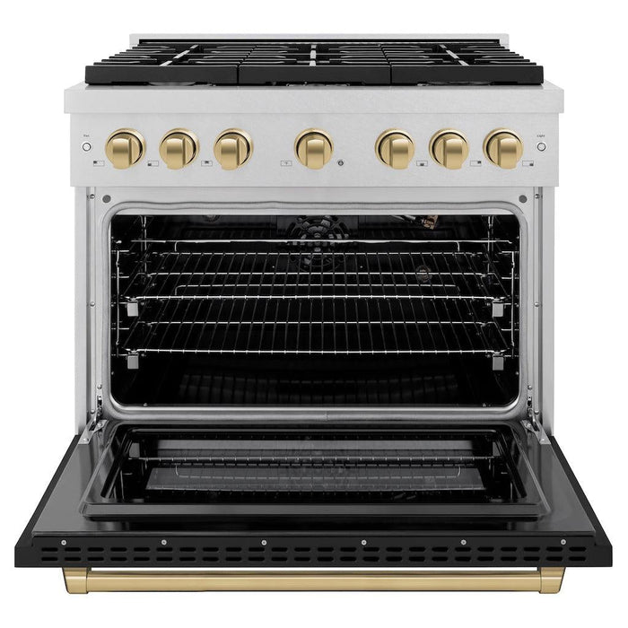 ZLINE Autograph 36" 5.2 cu. ft. Paramount Gas Range with Convection Gas Oven in DuraSnow® Stainless Steel with Black Matte Door and Bronze Accents, SGRSZ-BLM-36-CB