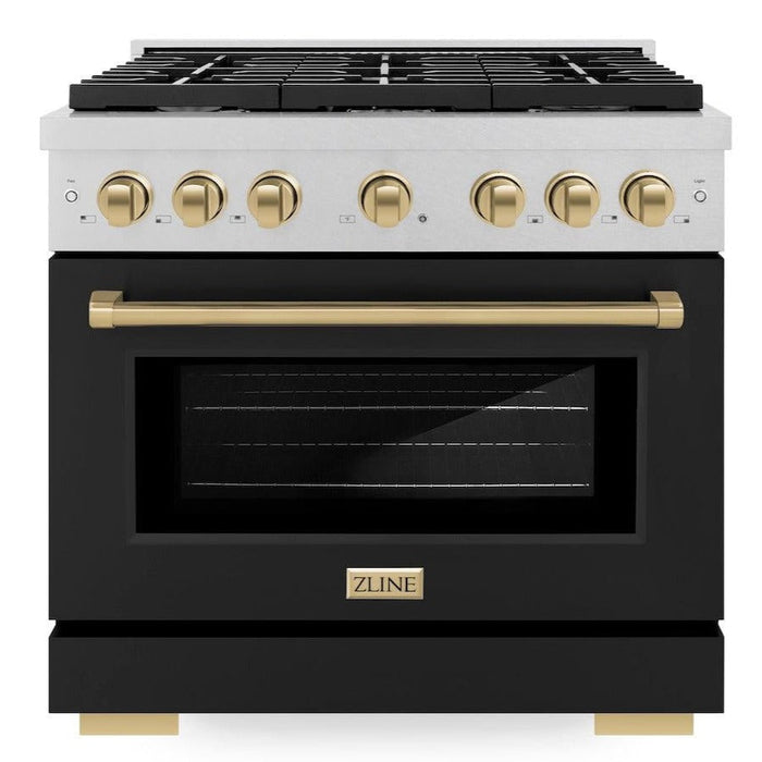 ZLINE Autograph 48" 6.7 cu. ft. Paramount Double Oven Gas Range in DuraSnow® Stainless Steel with Black Matte Doors and Bronze Accents, SGRSZ-BLM-48-CB