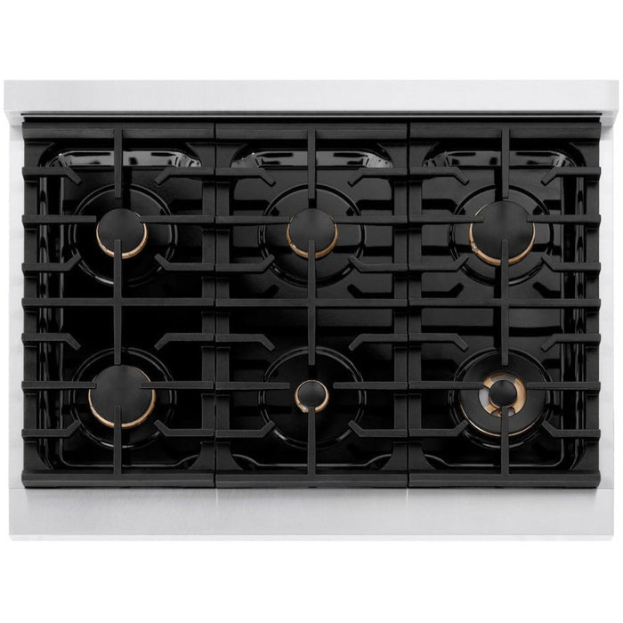 ZLINE Autograph 48" 6.7 cu. ft. Paramount Double Oven Gas Range in DuraSnow® Stainless Steel with Black Matte Doors and Bronze Accents, SGRSZ-BLM-48-CB