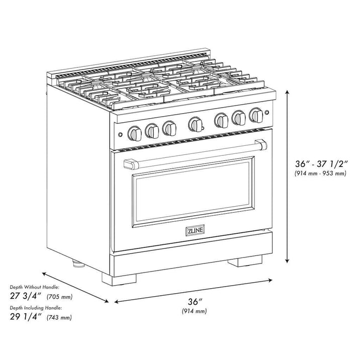 ZLINE Autograph Edition 36 in. 5.2 cu. ft. Paramount Gas Range with 6 Burner Cooktop and Convection Gas Oven in DuraSnow® Stainless Steel with Black Matte Door and Polished Gold Accents (SGRSZ-BLM-36-G)