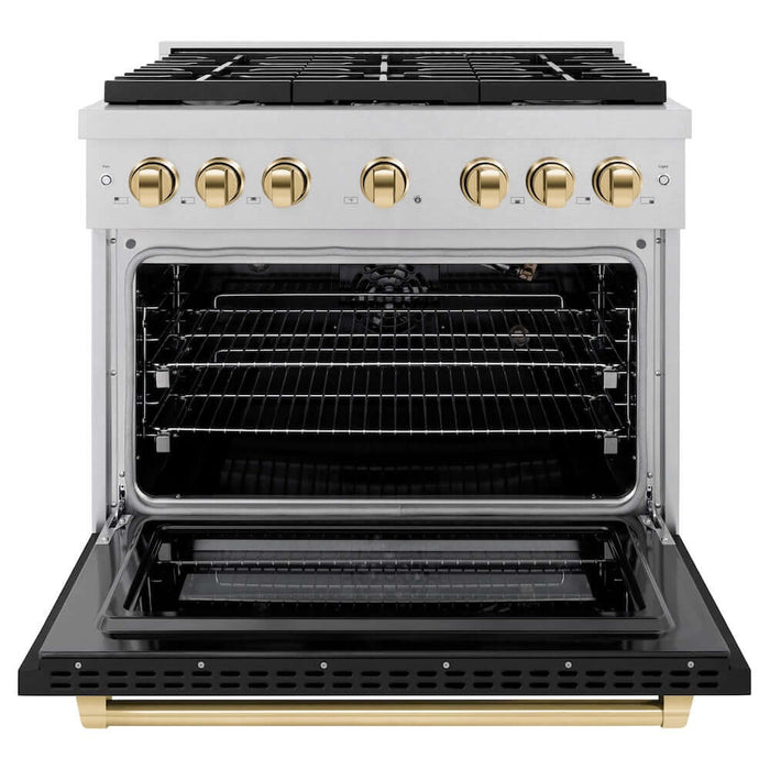 ZLINE Autograph Edition 36 in. 5.2 cu. ft. Paramount Gas Range with 6 Burner Cooktop and Convection Gas Oven in DuraSnow® Stainless Steel with Black Matte Door and Polished Gold Accents (SGRSZ-BLM-36-G)