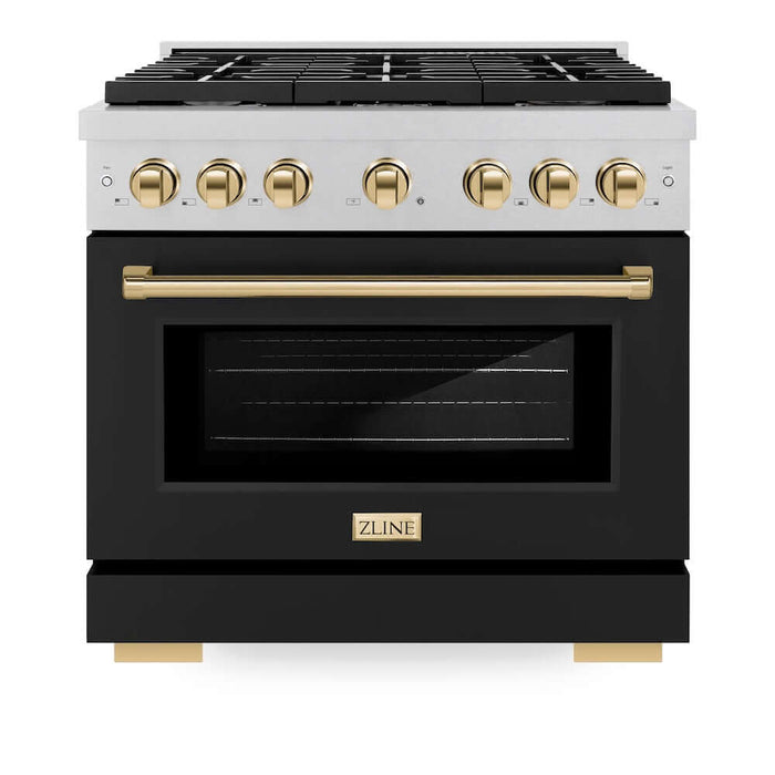 ZLINE Autograph Edition 36 in. 5.2 cu. ft. Paramount Gas Range with 6 Burner Cooktop and Convection Gas Oven in DuraSnow® Stainless Steel with Black Matte Door and Polished Gold Accents (SGRSZ-BLM-36-G)