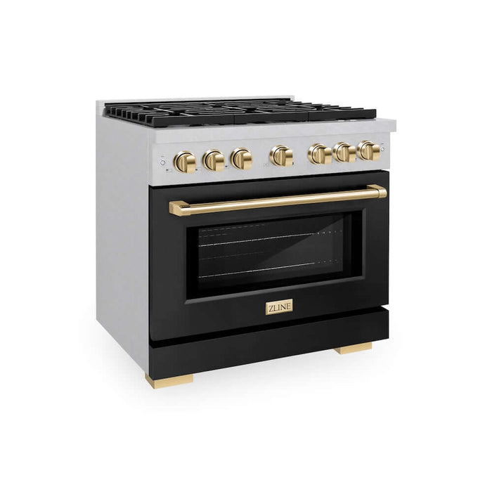 ZLINE Autograph Edition 36 in. 5.2 cu. ft. Paramount Gas Range with 6 Burner Cooktop and Convection Gas Oven in DuraSnow® Stainless Steel with Black Matte Door and Polished Gold Accents (SGRSZ-BLM-36-G)