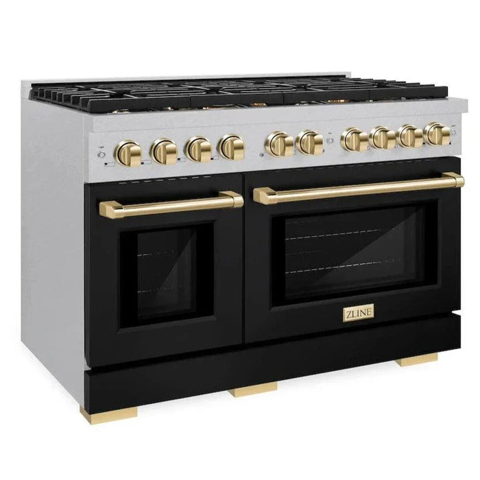 ZLINE Autograph 48" 6.7 cu. ft. Paramount Double Oven Gas Range in DuraSnow® Stainless Steel with Black Matte Doors and Gold Accents, SGRSZ-BLM-48-G