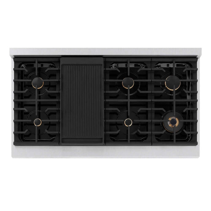 ZLINE Autograph Edition 48 in. 6.7 cu. ft. Paramount Double Oven Gas Range with 8 Burner Cooktop in DuraSnow® Stainless Steel with Black Matte Doors and Polished Gold Accents (SGRSZ-BLM-48-G)