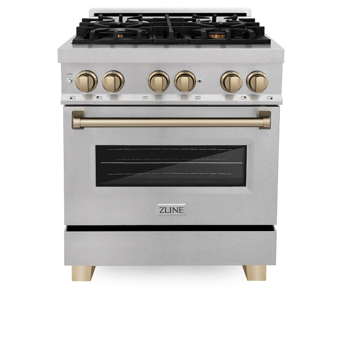 ZLINE Autograph Edition 30 in. 4.0 cu. ft. Legacy Dual Fuel Range with 4 Burner Gas Cooktop and Electric Convection Oven in DuraSnow® Stainless Steel and Champagne Bronze Accents (RASZ-SN-30-CB)