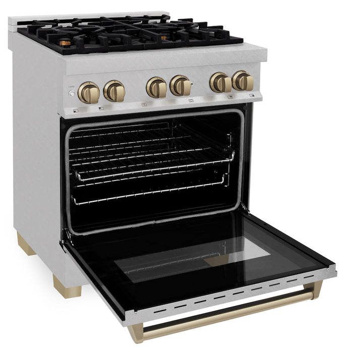 ZLINE Autograph Edition 30 in. 4.0 cu. ft. Legacy Dual Fuel Range with 4 Burner Gas Cooktop and Electric Convection Oven in DuraSnow® Stainless Steel and Champagne Bronze Accents (RASZ-SN-30-CB)