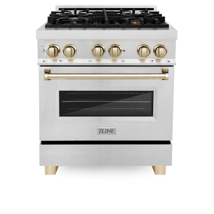 ZLINE Autograph Edition 30 in. 4.0 cu. ft. Legacy Dual Fuel Range with 4 Burner Gas Cooktop and Electric Convection Oven in DuraSnow® Stainless Steel and Polished Gold Accents (RASZ-SN-30-G)