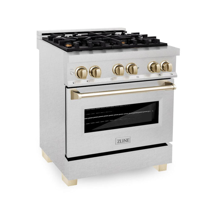 ZLINE Autograph Edition 30 in. 4.0 cu. ft. Legacy Dual Fuel Range with 4 Burner Gas Cooktop and Electric Convection Oven in DuraSnow® Stainless Steel and Polished Gold Accents (RASZ-SN-30-G)