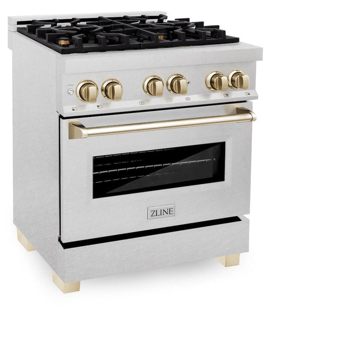 ZLINE Autograph Edition 30 in. 4.0 cu. ft. Legacy Dual Fuel Range with 4 Burner Gas Cooktop and Electric Convection Oven in DuraSnow® Stainless Steel and Polished Gold Accents (RASZ-SN-30-G)