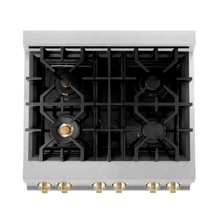 ZLINE Autograph Edition 30 in. 4.0 cu. ft. Legacy Dual Fuel Range with 4 Burner Gas Cooktop and Electric Convection Oven in DuraSnow® Stainless Steel and Polished Gold Accents (RASZ-SN-30-G)